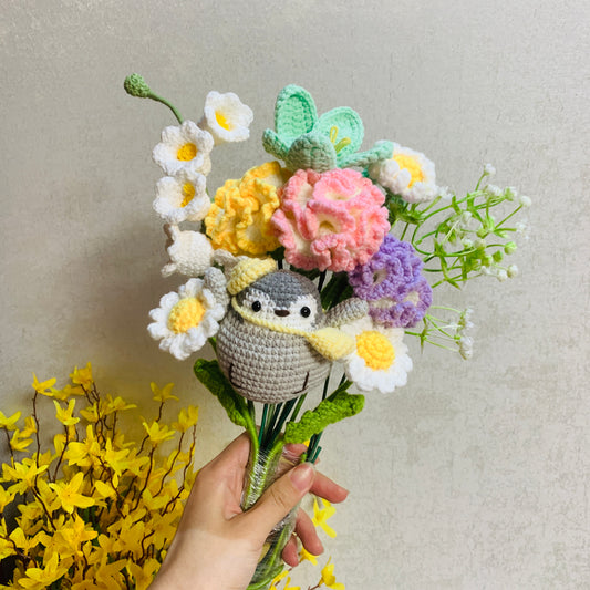 Crochet flowers penguin animals  tulip Daisy Carnation ornaments cute A bunch of flower Anniversary bouquet Gift for her