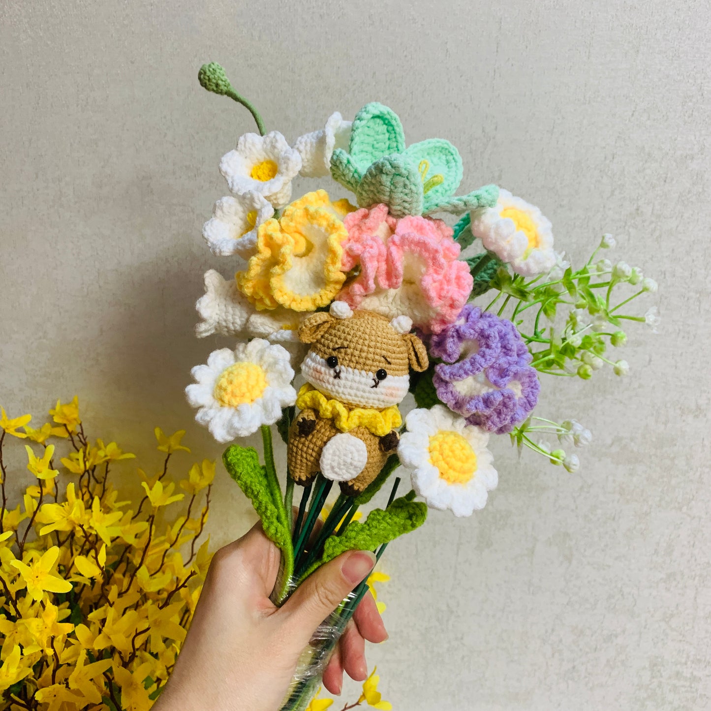 Crochet flowers animals cattle bestial tulip Daisy Carnation ornaments cute A bunch of flower Anniversary bouquet Gift for her