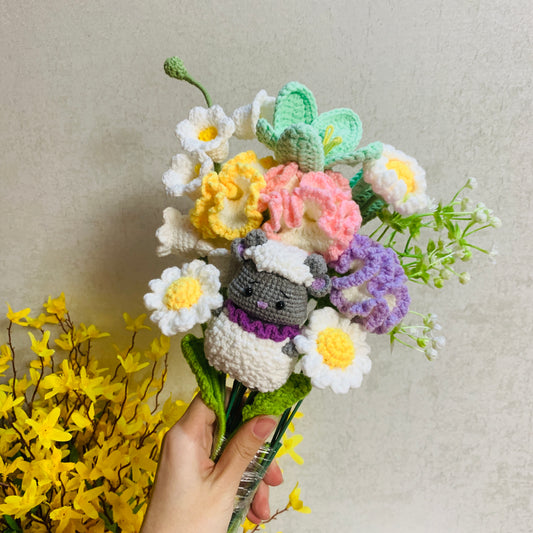 Crochet flowers animals sheep tulip Daisy Carnation ornaments cute A bunch of flower Anniversary bouquet Gift for her