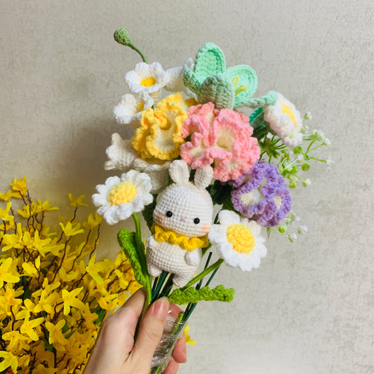 Crochet flowers animals rabbit bunny tulip Daisy Carnation ornaments cute A bunch of flower Anniversary bouquet Gift for her