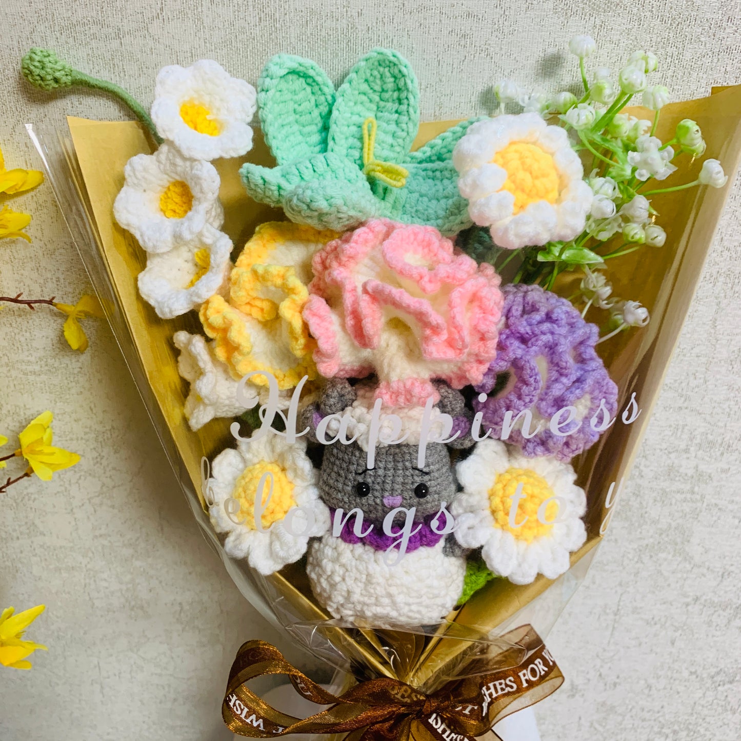 Crochet flowers animals sheep tulip Daisy Carnation ornaments cute A bunch of flower Anniversary bouquet Gift for her