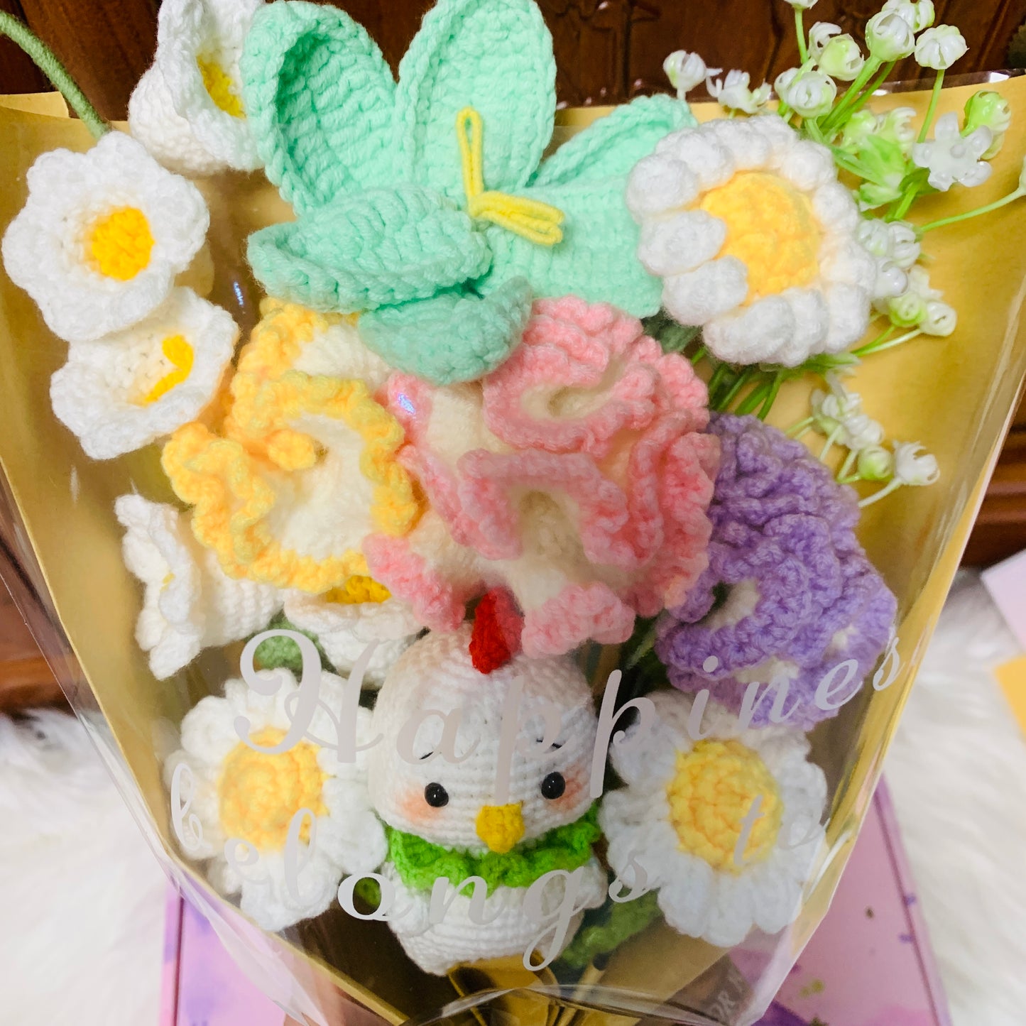 Crochet flowers animals chicken tulip Daisy Carnation ornaments cute A bunch of flower Anniversary bouquet Gift for her