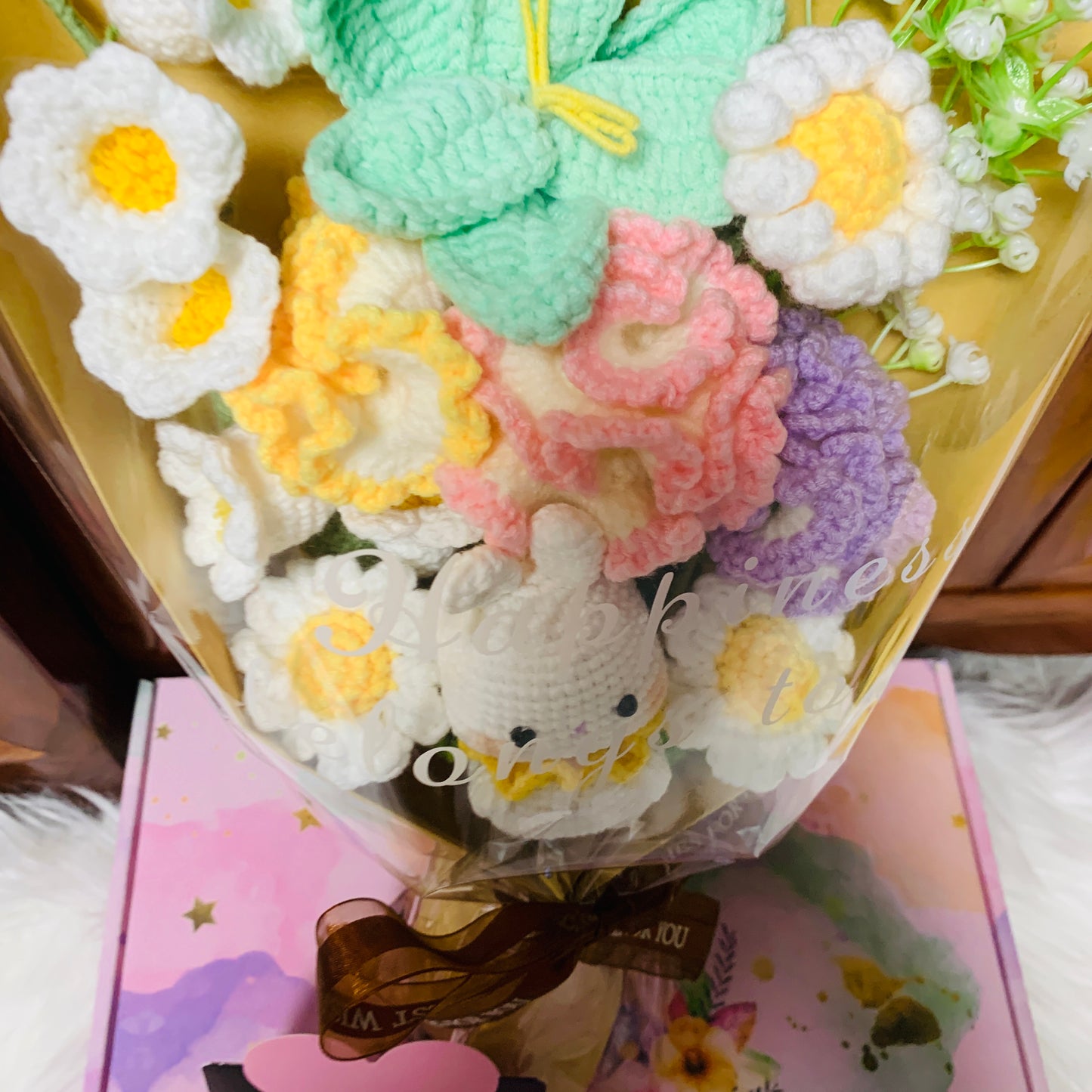 Crochet flowers animals rabbit bunny tulip Daisy Carnation ornaments cute A bunch of flower Anniversary bouquet Gift for her