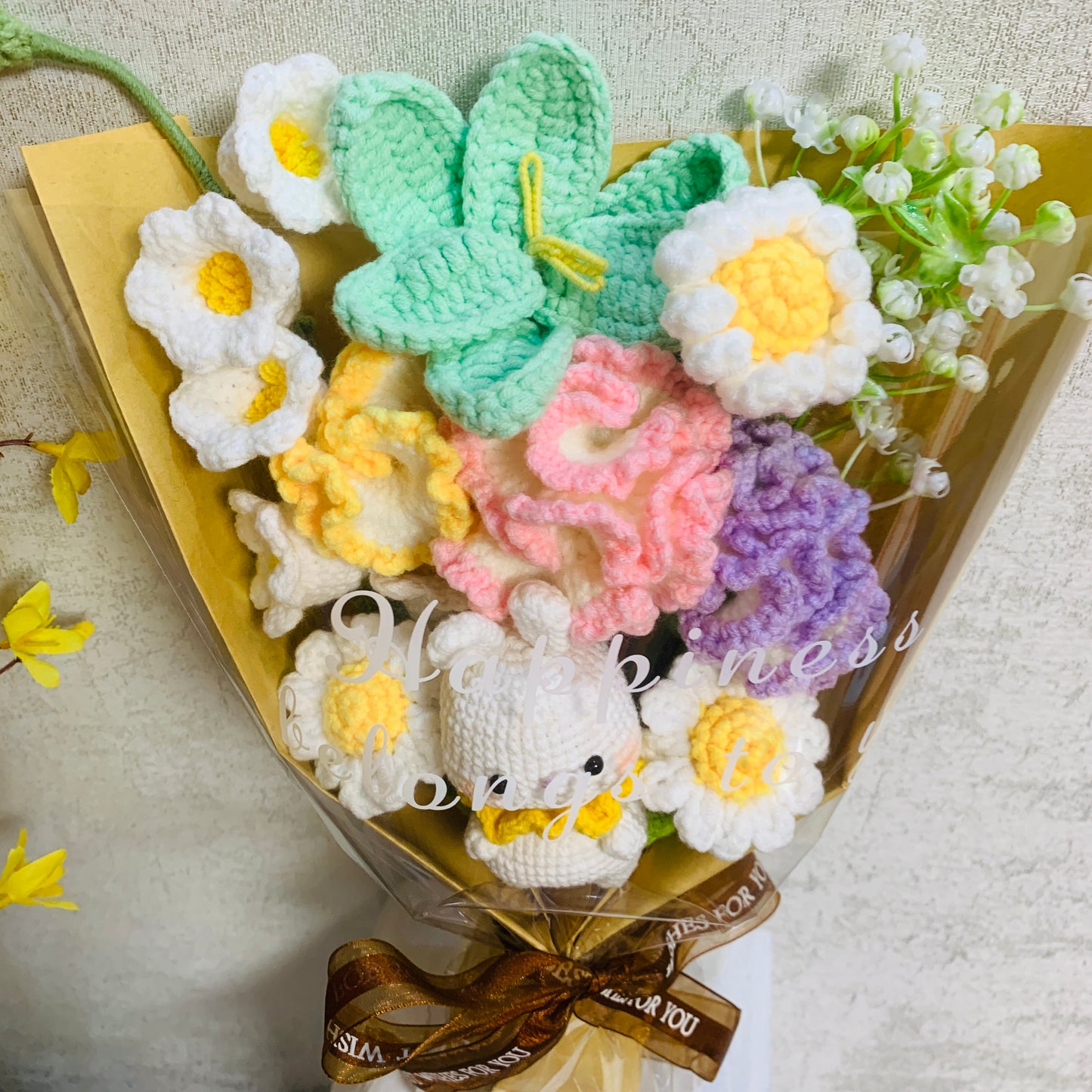 Crochet flowers animals rabbit bunny tulip Daisy Carnation ornaments cute A bunch of flower Anniversary bouquet Gift for her