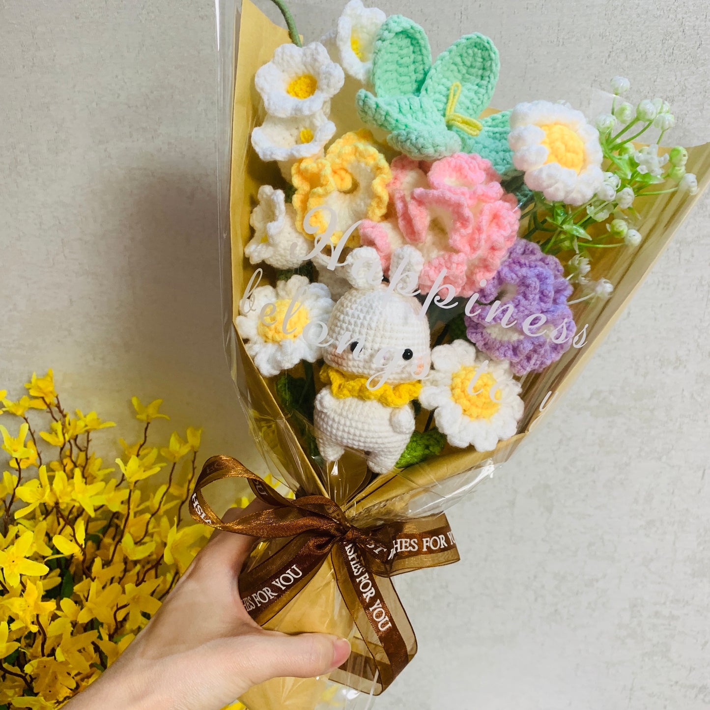 Crochet flowers animals rabbit bunny tulip Daisy Carnation ornaments cute A bunch of flower Anniversary bouquet Gift for her