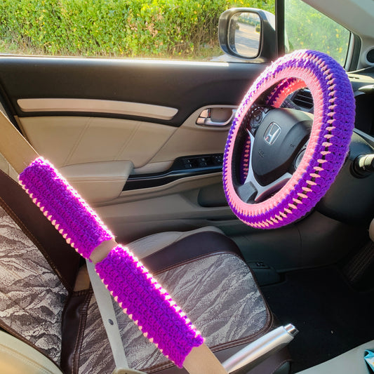 Steering Wheel Cover for women, Crochet Purple seat belt Cover, Car Accessories decorations