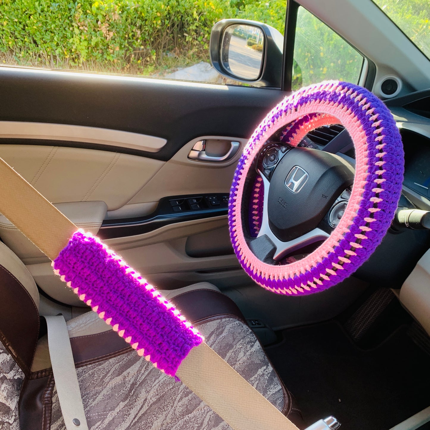 Steering Wheel Cover for women, Crochet Purple seat belt Cover, Car Accessories decorations