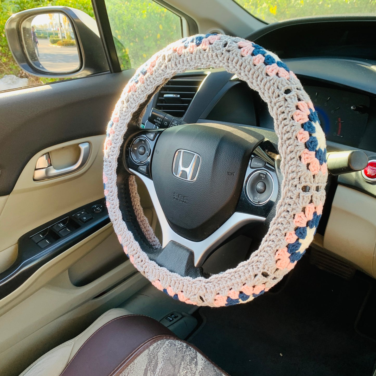 Handmade crochet Steering Wheel Cover for women, cute Granny Squares flower seat belt Cover, Car interior Accessories decorations