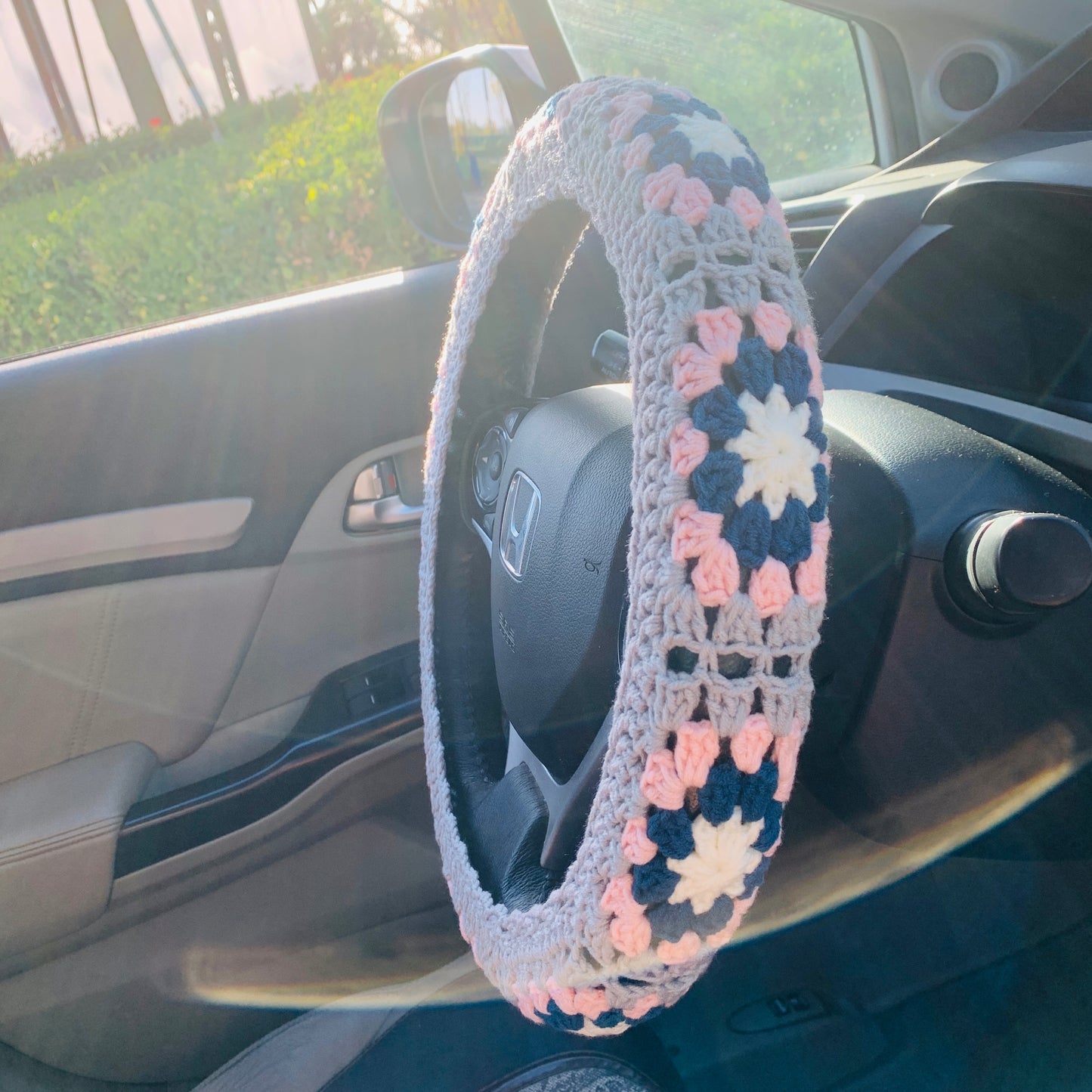 Handmade crochet Steering Wheel Cover for women, cute Granny Squares flower seat belt Cover, Car interior Accessories decorations