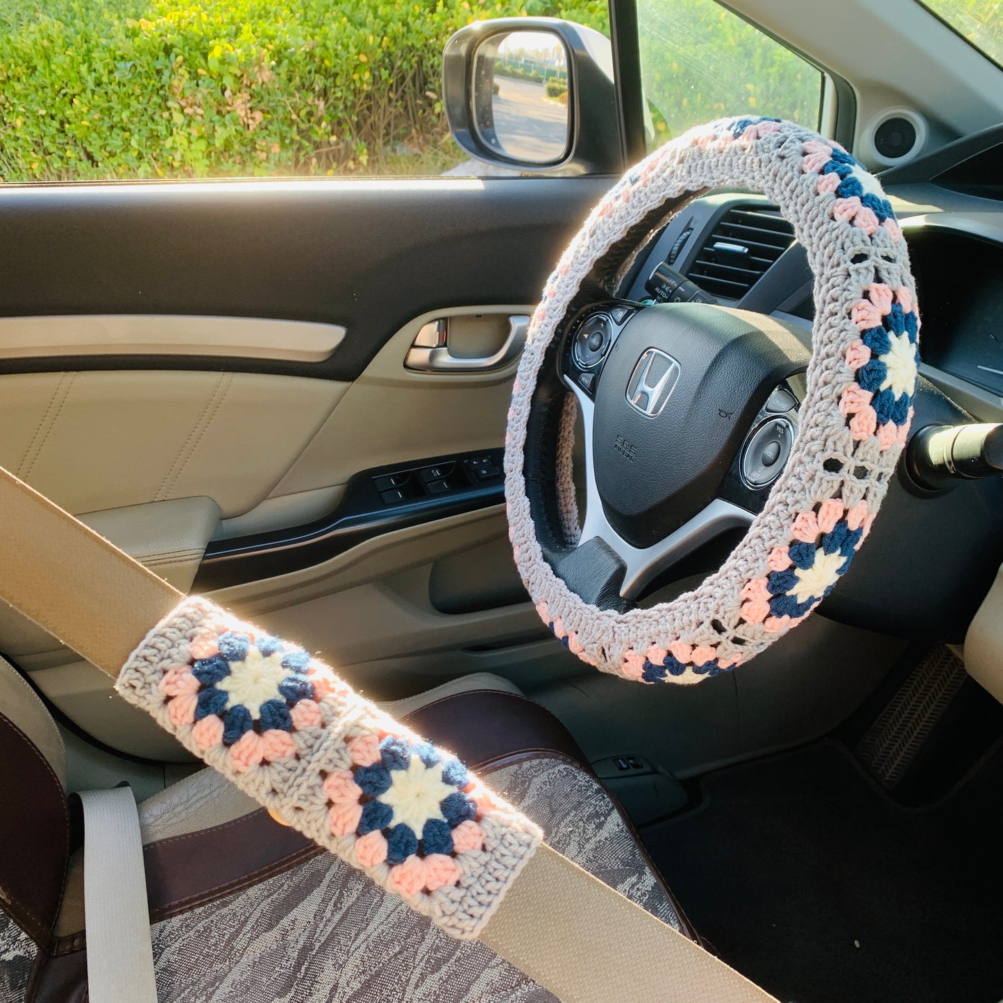 Handmade crochet Steering Wheel Cover for women, cute Granny Squares flower seat belt Cover, Car interior Accessories decorations