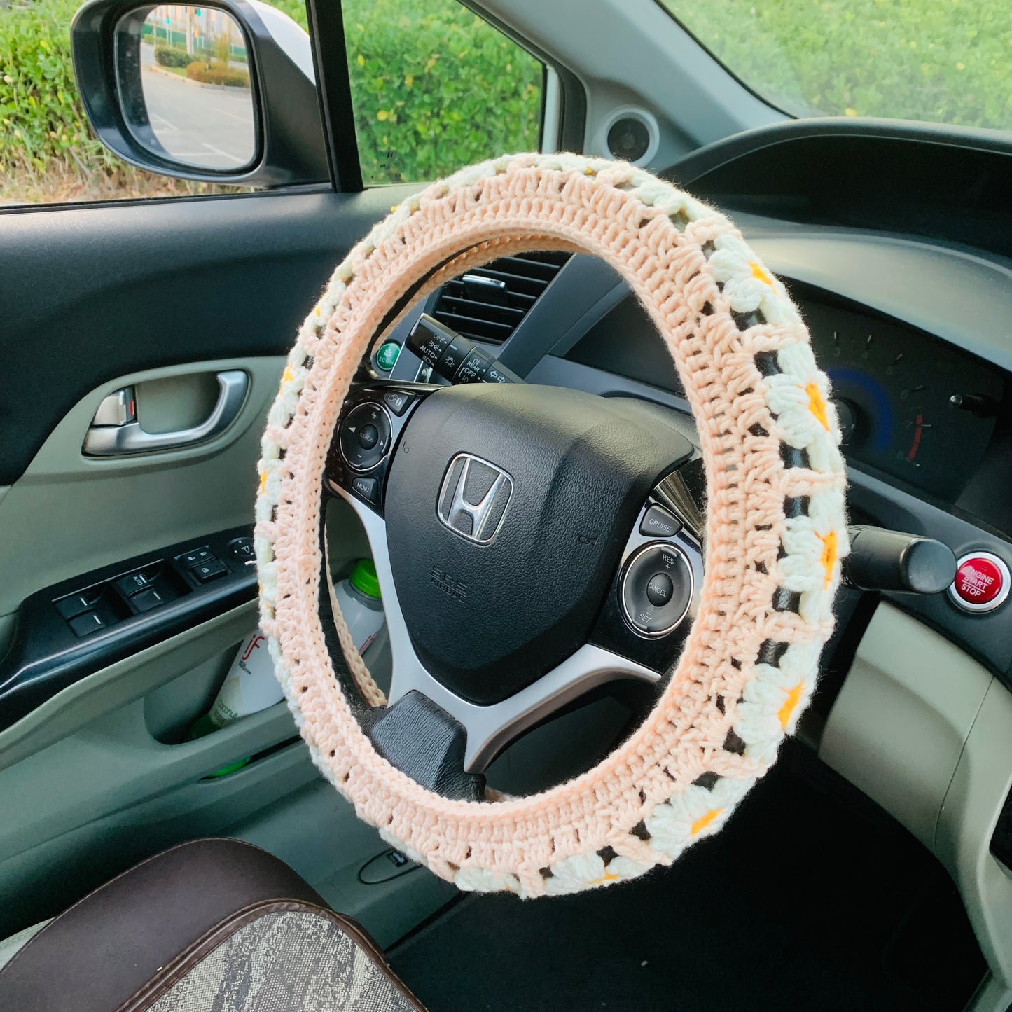 Crochet Steering Wheel Cover for women, Handmade cute daisy flower seat belt Cover, Car interior Accessories decorations