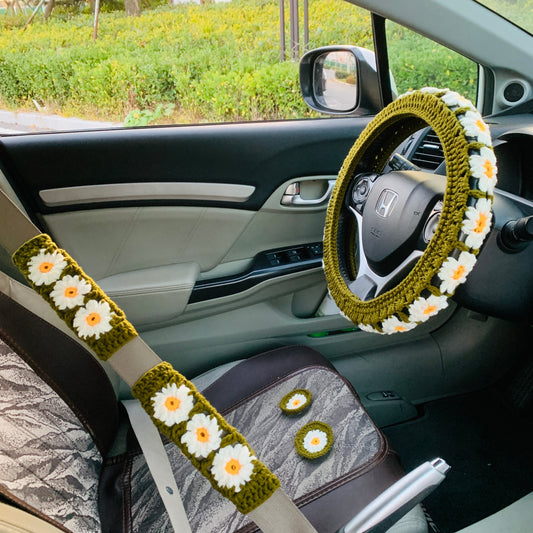 Handmade crochet Steering Wheel Cover for women, cute daisy flower seat belt Cover, car coaster interior Accessories decorations car gift