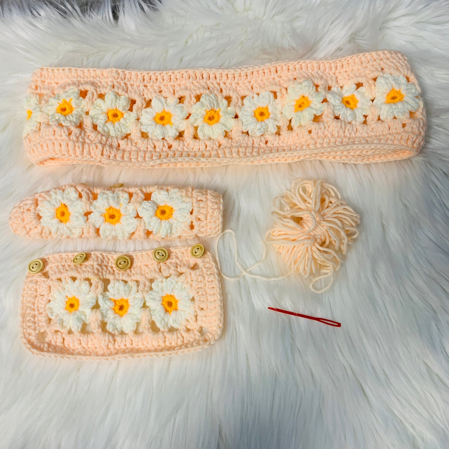 Crochet Steering Wheel Cover for women, Handmade cute daisy flower seat belt Cover, Car interior Accessories decorations