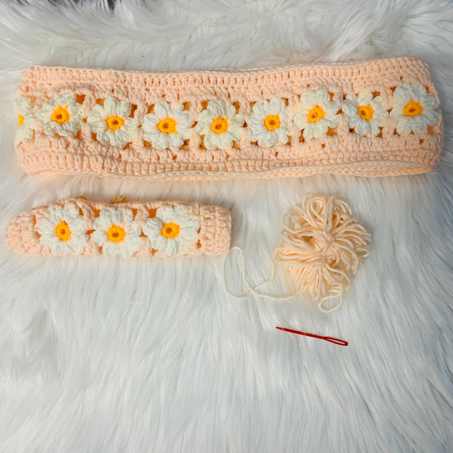 Crochet Steering Wheel Cover for women, Handmade cute daisy flower seat belt Cover, Car interior Accessories decorations