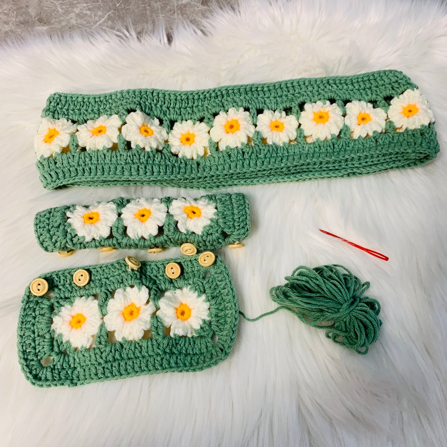 Handmade crochet Steering Wheel Cover for women, cute daisy flower car seat belt Cover coaster, Car interior Accessories decorations