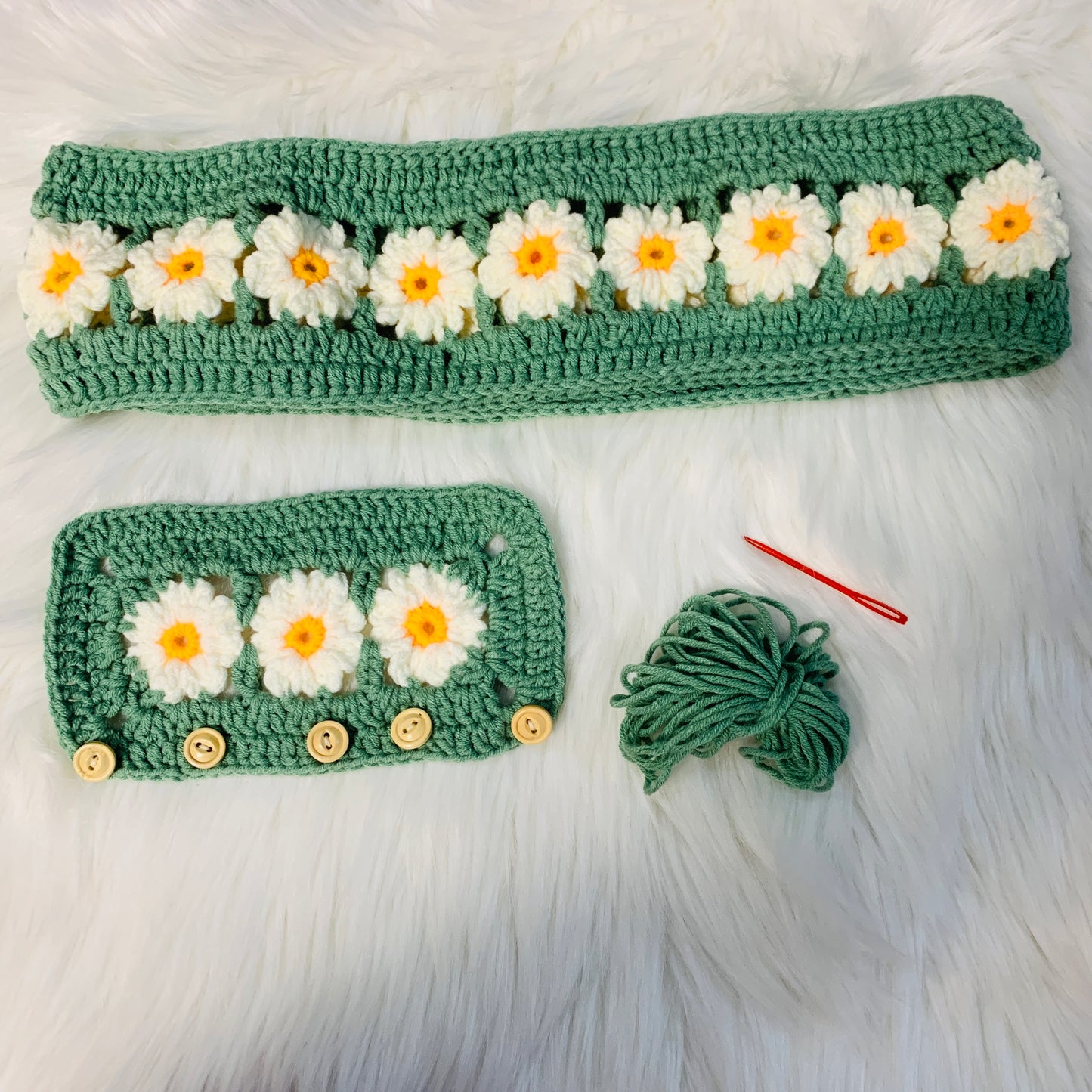 Handmade crochet Steering Wheel Cover for women, cute daisy flower car seat belt Cover coaster, Car interior Accessories decorations