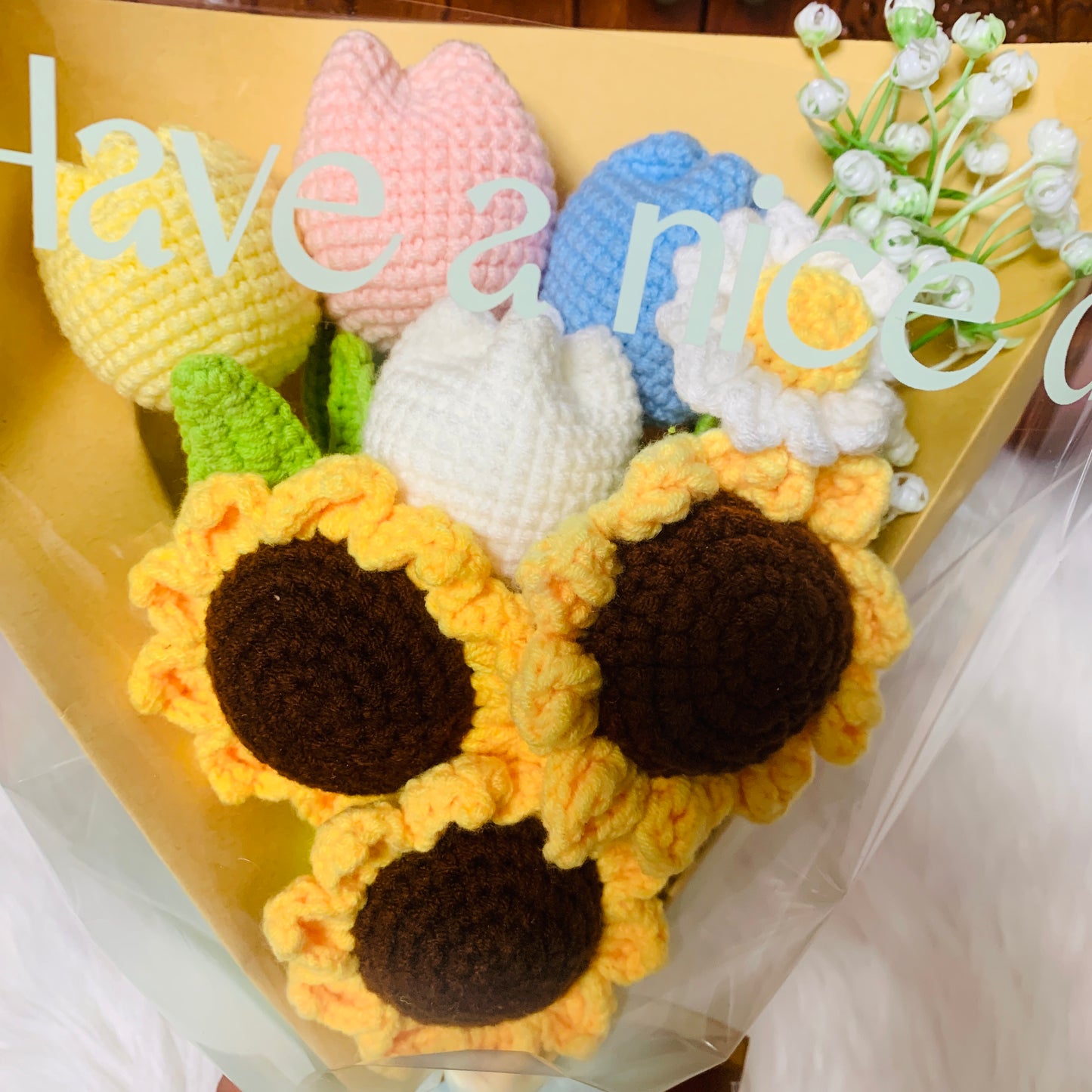 Crochet flowers, sunflower tulip Baby's breath daisy ornaments, cute A bunch of flower Anniversary bouquet Gift for her flower ornaments