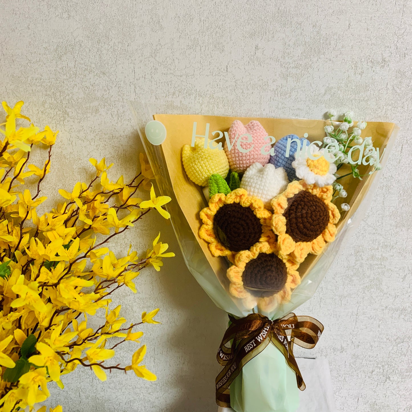 Crochet flowers, sunflower tulip Baby's breath daisy ornaments, cute A bunch of flower Anniversary bouquet Gift for her flower ornaments