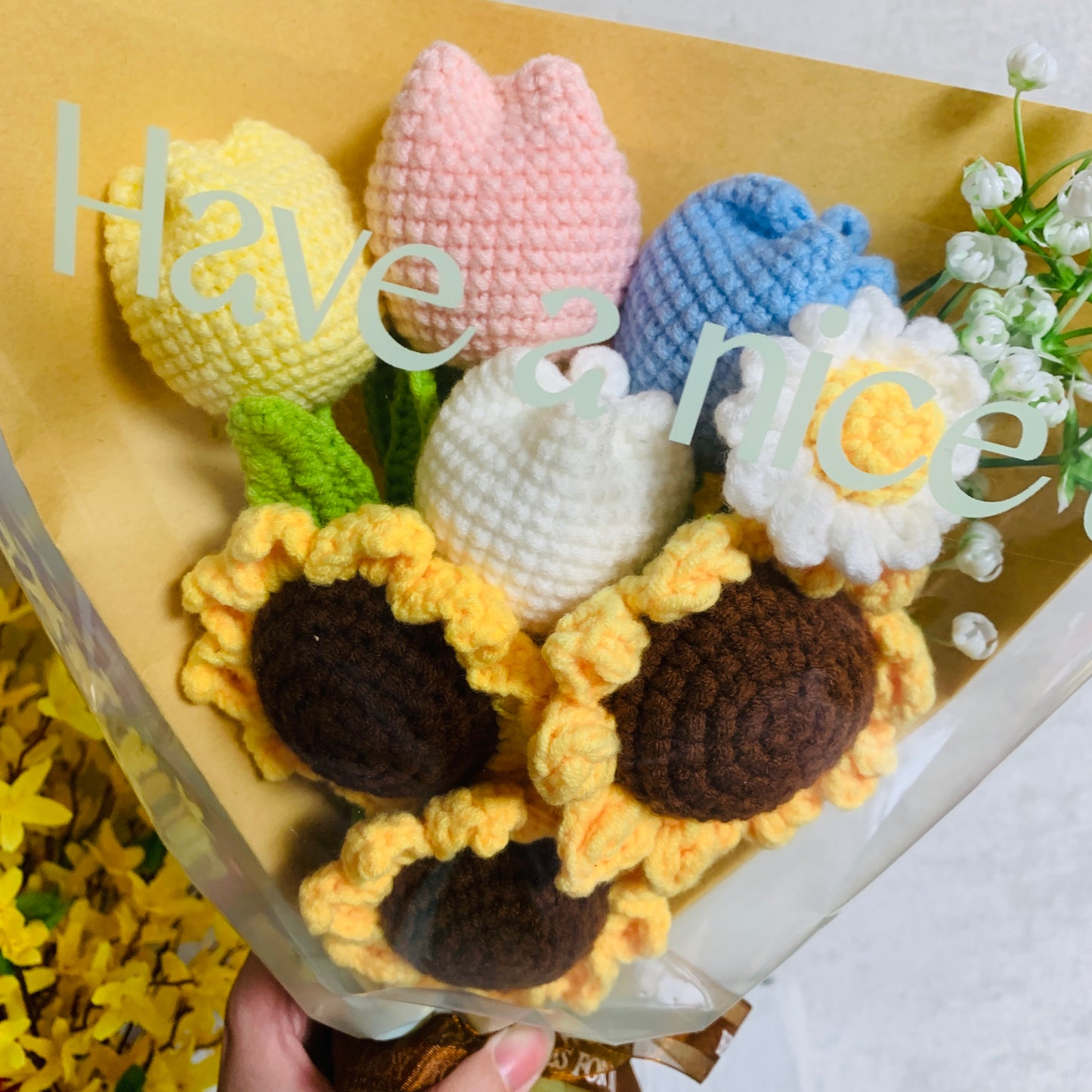 Crochet flowers, sunflower tulip Baby's breath daisy ornaments, cute A bunch of flower Anniversary bouquet Gift for her flower ornaments