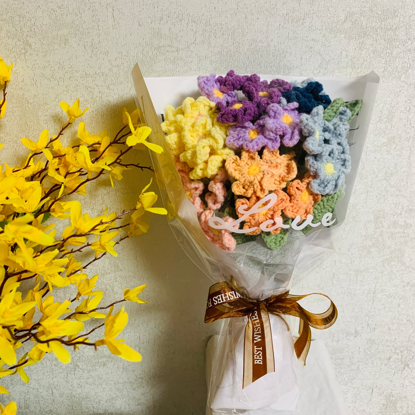 Crochet flowers,  forget-me-not flower ornaments,  A bunch of flower Anniversary bouquet Gift for her