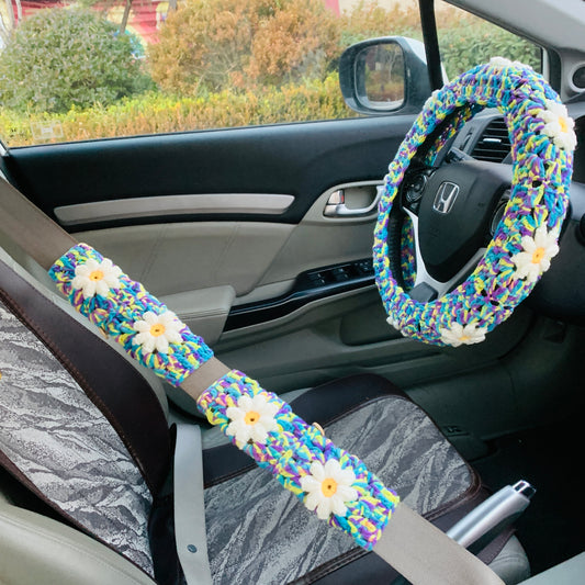 Steering Wheel Cover for women, Crochet cute daisy flower seat belt Cover, Car Accessories decorations