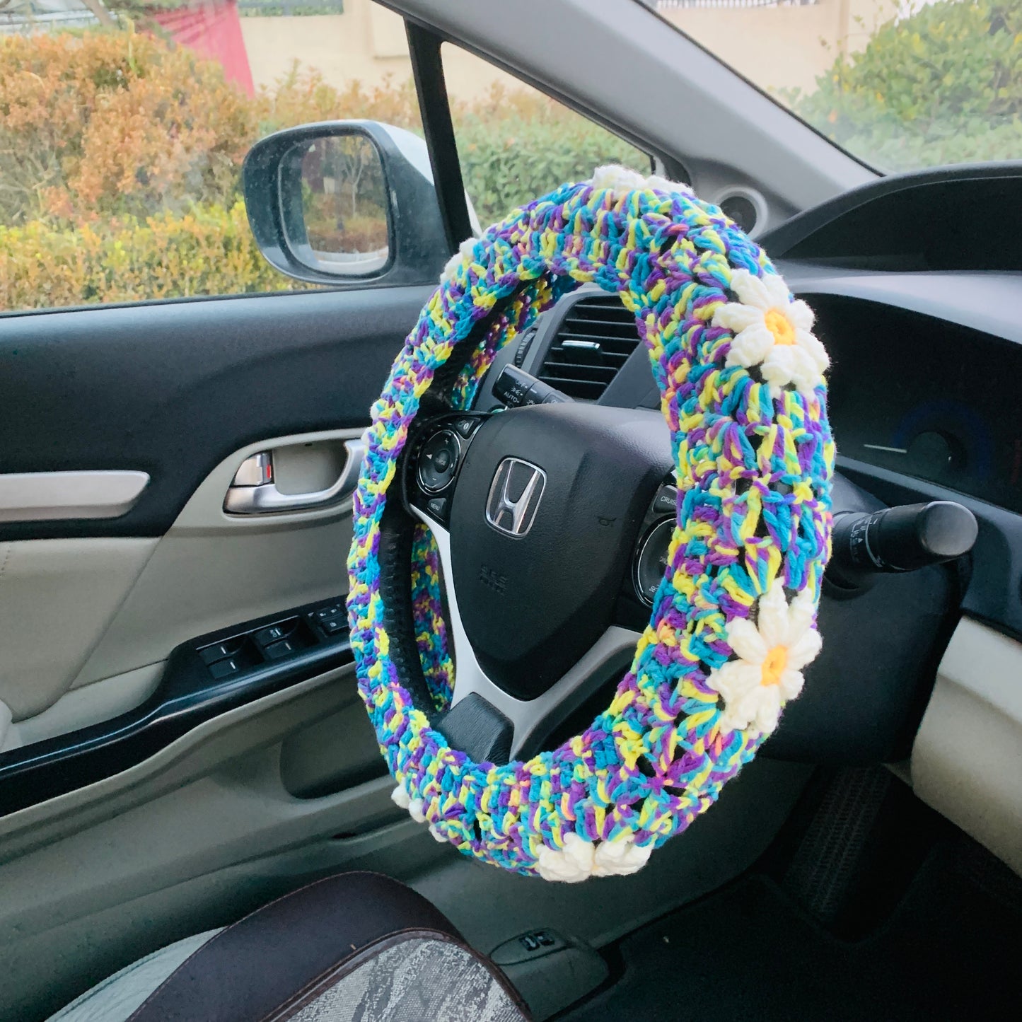 Steering Wheel Cover for women, Crochet cute daisy flower seat belt Cover, Car Accessories decorations