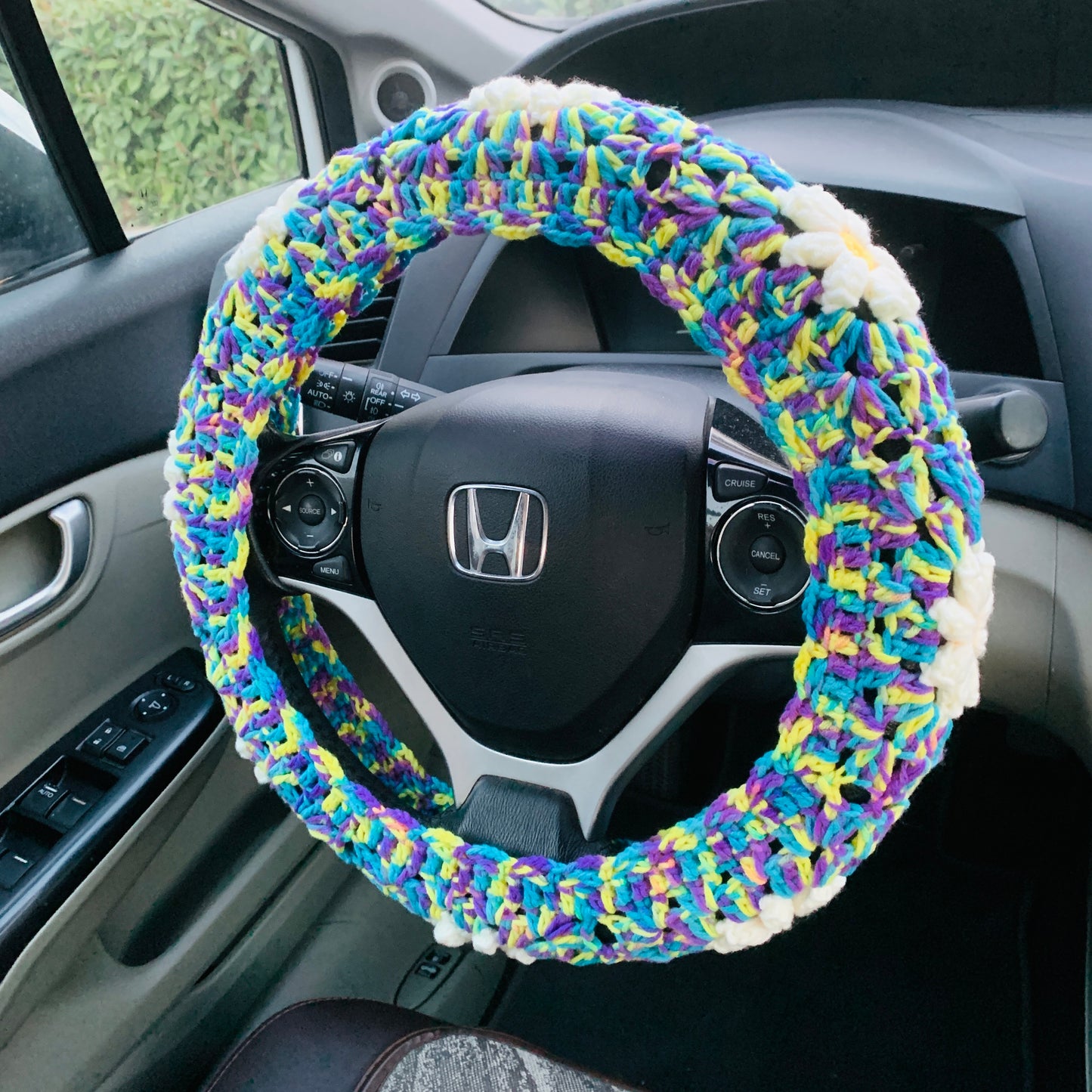 Steering Wheel Cover for women, Crochet cute daisy flower seat belt Cover, Car Accessories decorations