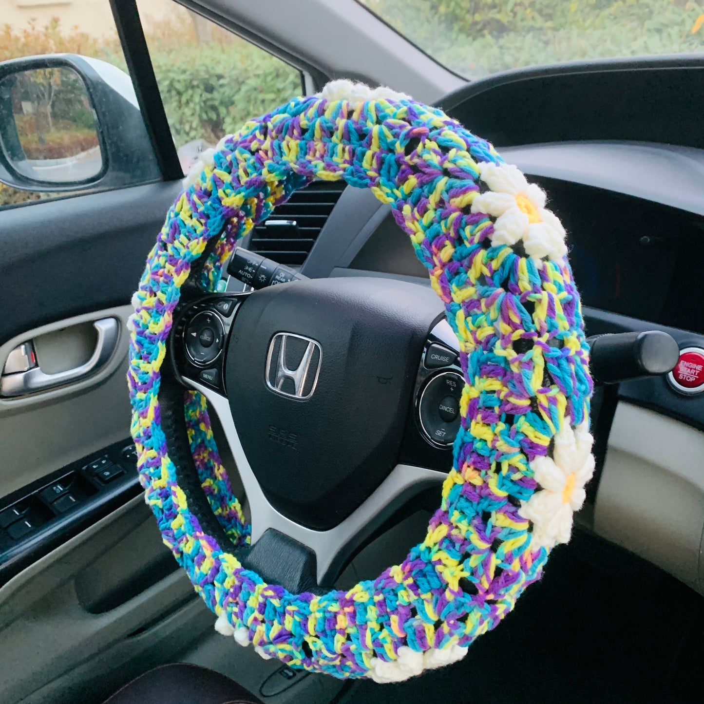 Steering Wheel Cover for women, Crochet cute daisy flower seat belt Cover, Car Accessories decorations