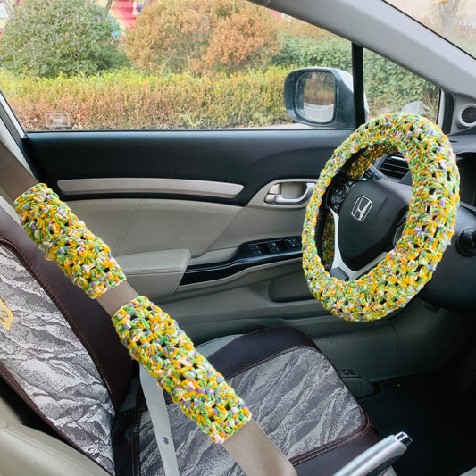 Steering Wheel Cover for women, Crochet simple style seat belt Cover, Car Accessories decorations