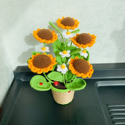 Handmade crochet sunflower potted ornaments Amigurumi housewarming artifact handicraft home decor gifts for her flower bouquet