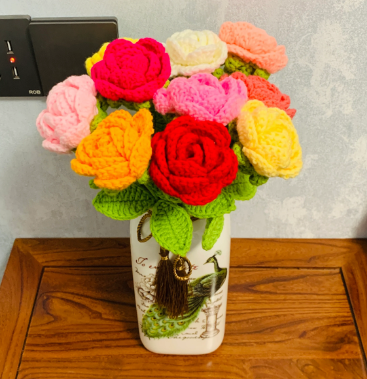 Crochet flowers Rose flower ornaments, Handmade knitted Flower Bouquet A bunch of flower Anniversary Home Decor Valentine's Gift for her