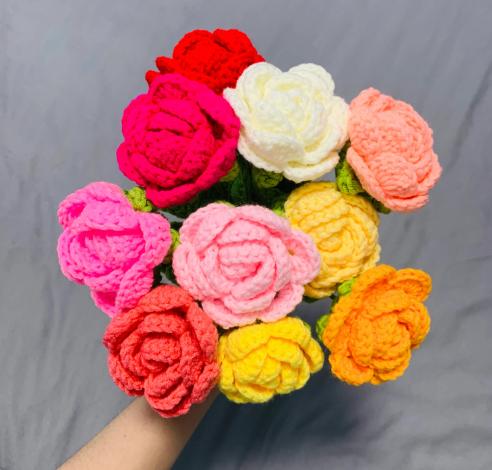 Crochet flowers Rose flower ornaments, Handmade knitted Flower Bouquet A bunch of flower Anniversary Home Decor Valentine's Gift for her