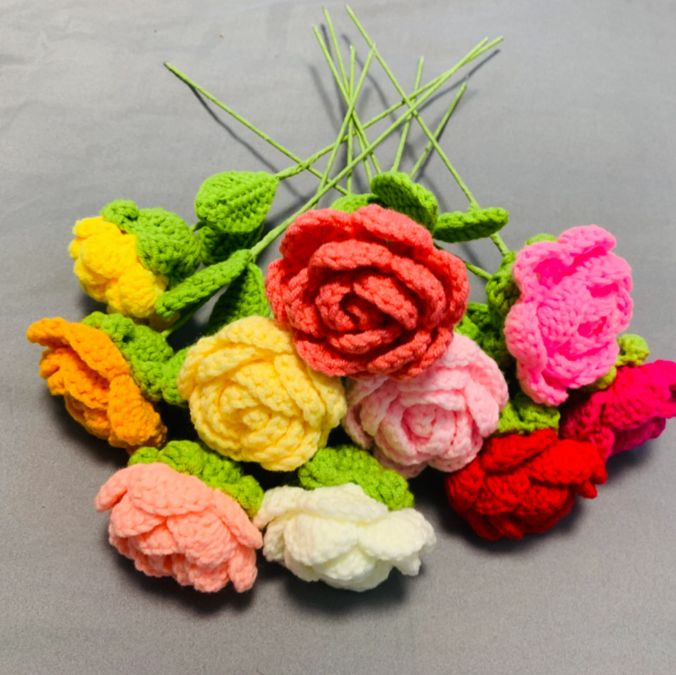 Crochet flowers Rose flower ornaments, Handmade knitted Flower Bouquet A bunch of flower Anniversary Home Decor Valentine's Gift for her