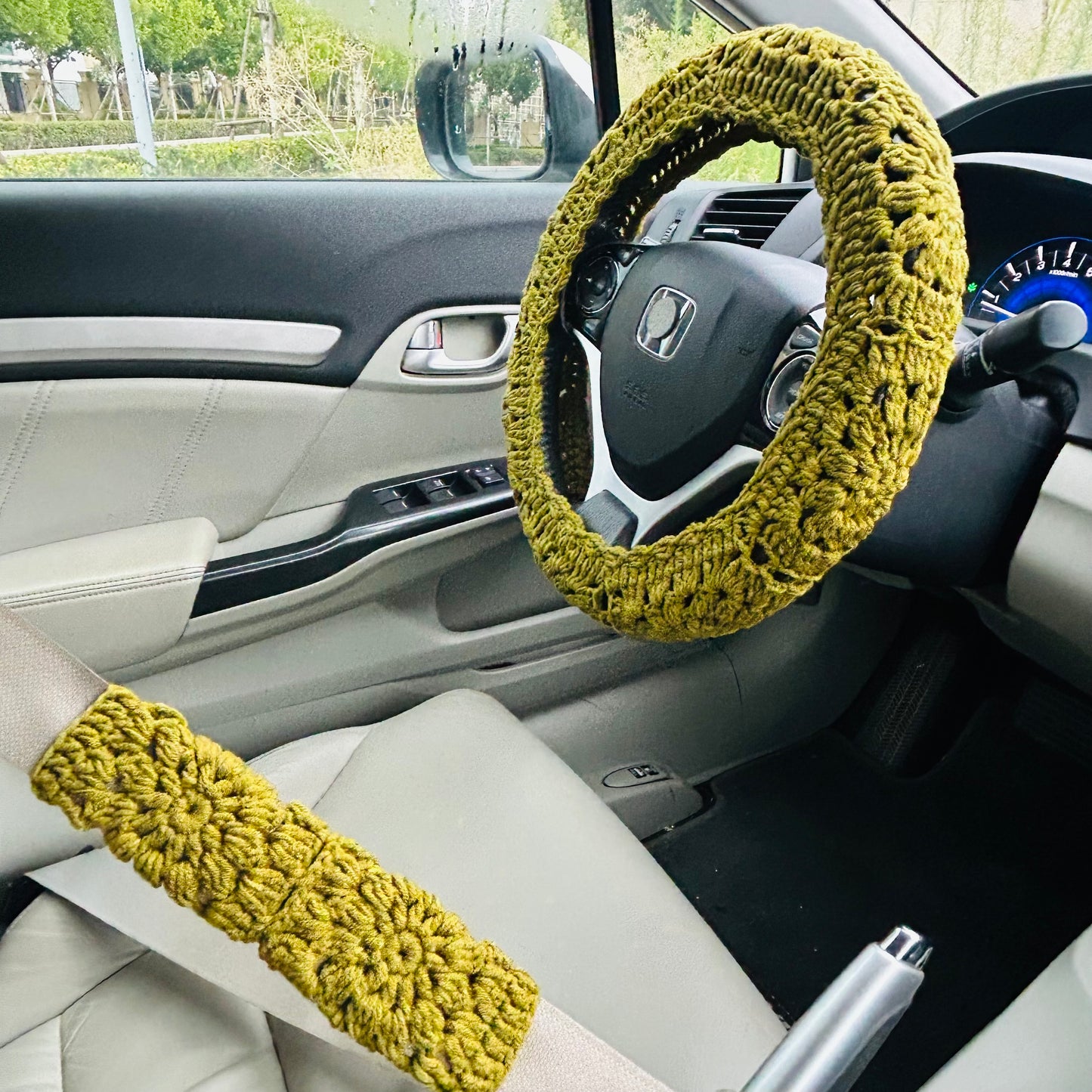 Steering Wheel Cover for women, Crochet Simple Olive Green flower seat belt Cover, Car Accessories decorations