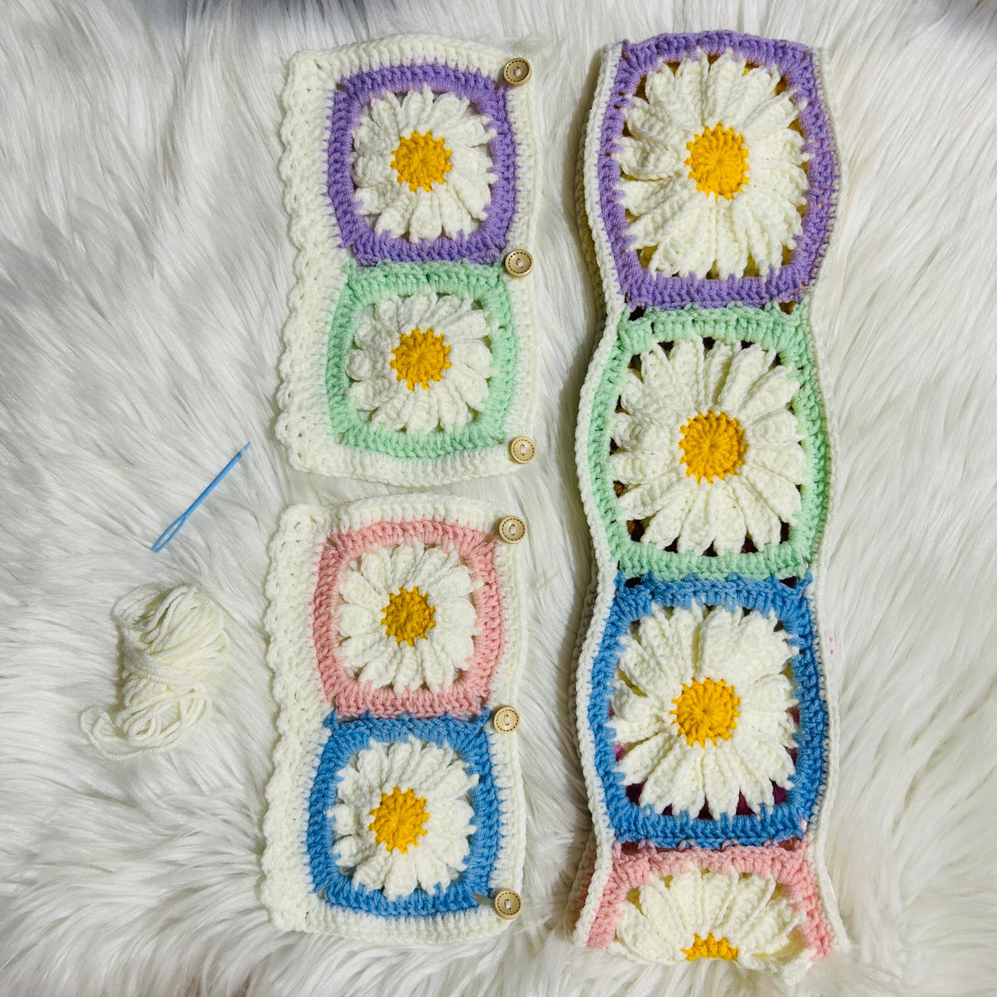 Steering Wheel Cover for women, Crochet cute colorful daisy flower seat belt Cover, Car Accessories decorations