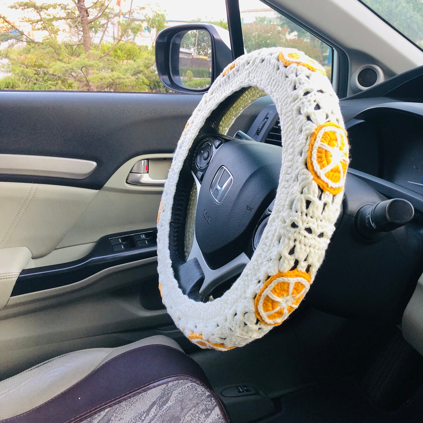 Steering Wheel Cover for women, Crochet cute orange fruit flower seat belt Cover, Car Accessories decorations