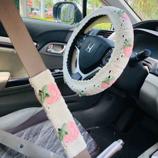 Steering Wheel Cover for women, Crochet cute pink Strawberry flower seat belt Cover, Car Accessories decorations