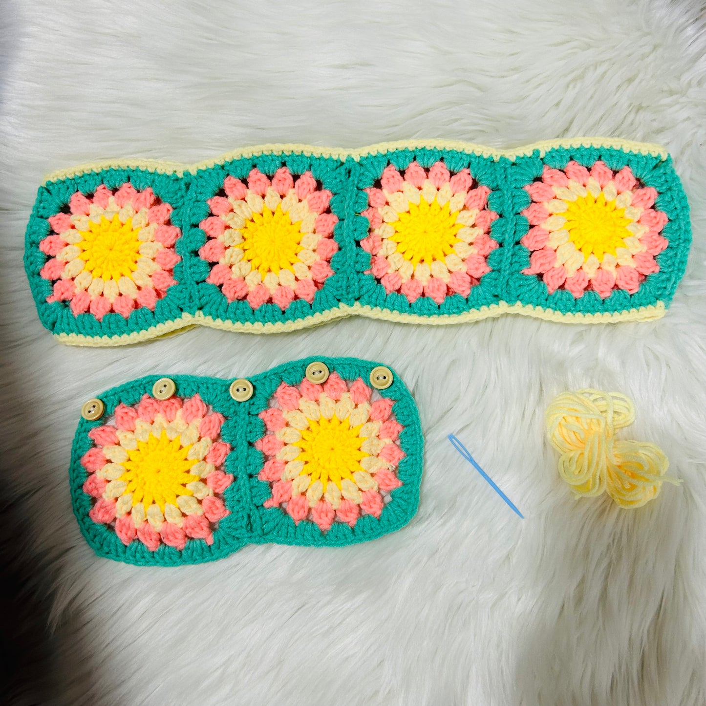 Steering Wheel Cover for women, Crochet Green pink flower seat belt Cover, Car Accessories decorations