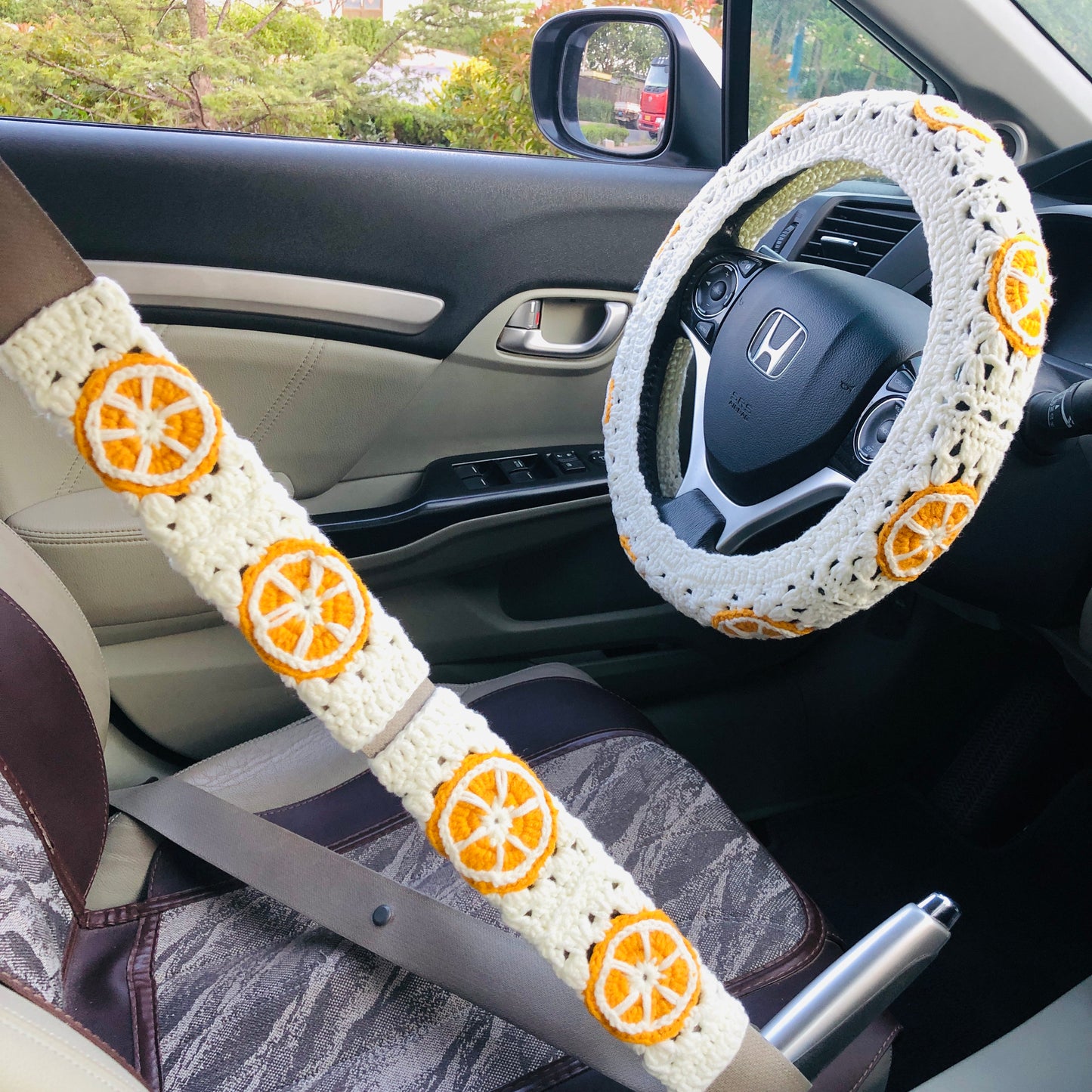 Steering Wheel Cover for women, Crochet cute orange fruit flower seat belt Cover, Car Accessories decorations