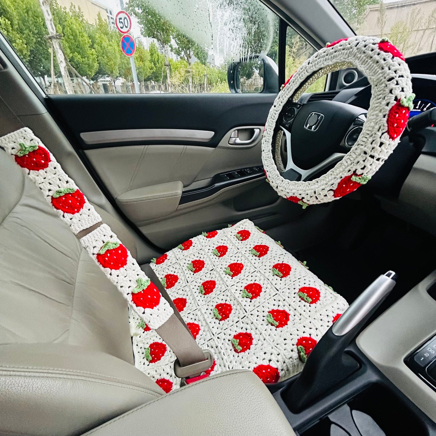 Crochet Car Decoration Set, Crochet Strawberry Steering Wheel Cover, Seat belt Cover, Headrest covers Crochet seats cover for cars