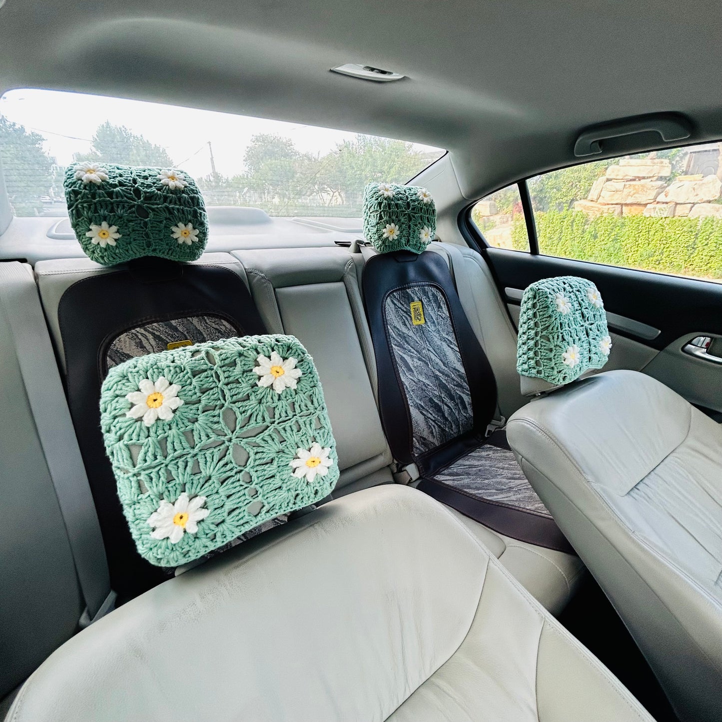 Headrest Covers, Steering Wheel Cover, Crochet Green Daisy Car Seat Headrest Covers ,Seatbelt cover For Women