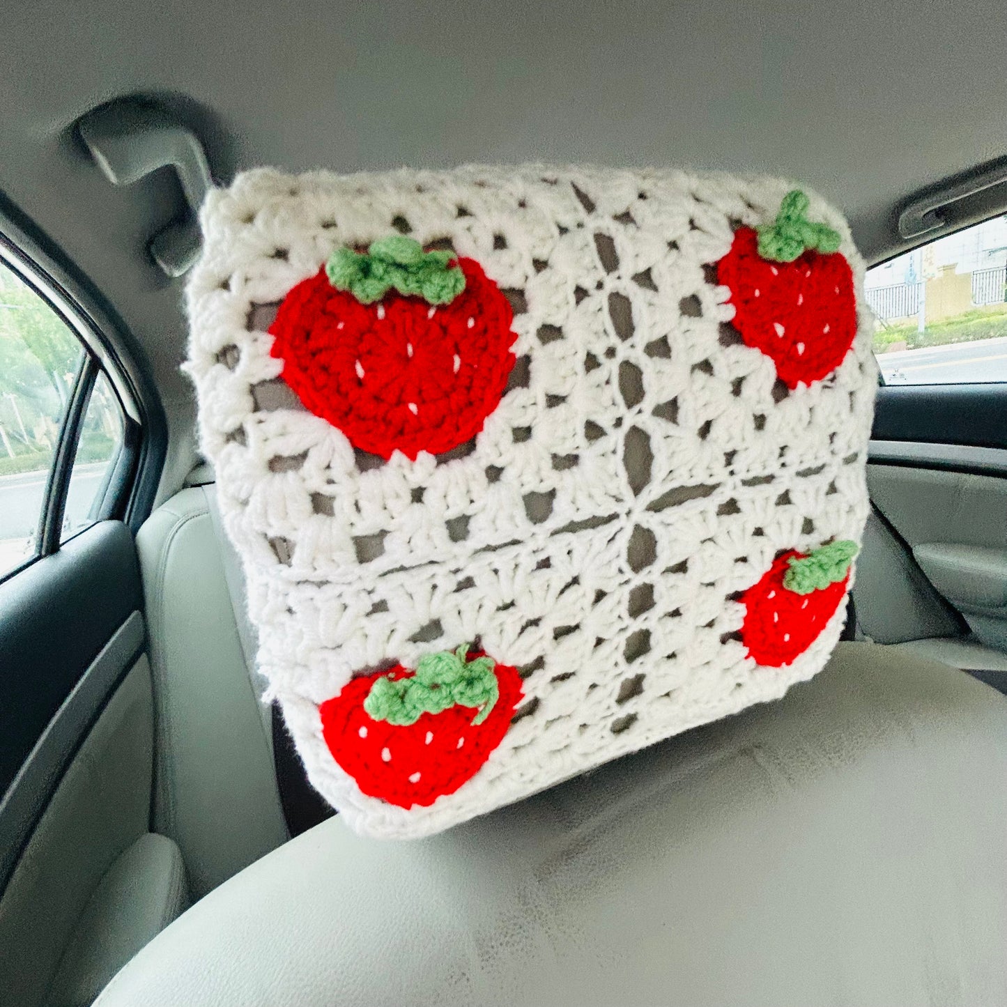 Crochet Car Decoration Set, Crochet Strawberry Steering Wheel Cover, Seat belt Cover, Headrest covers Crochet seats cover for cars