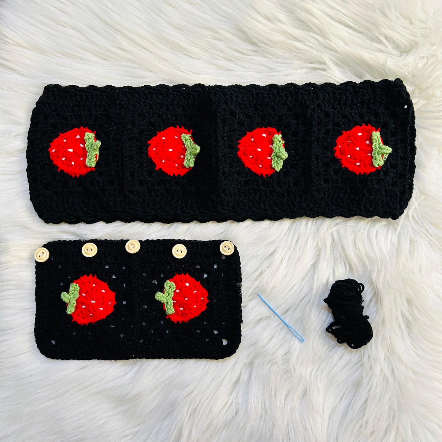 Steering Wheel Cover for women, Crochet cute black Strawberry flower seat belt Cover, Car Accessories decorations