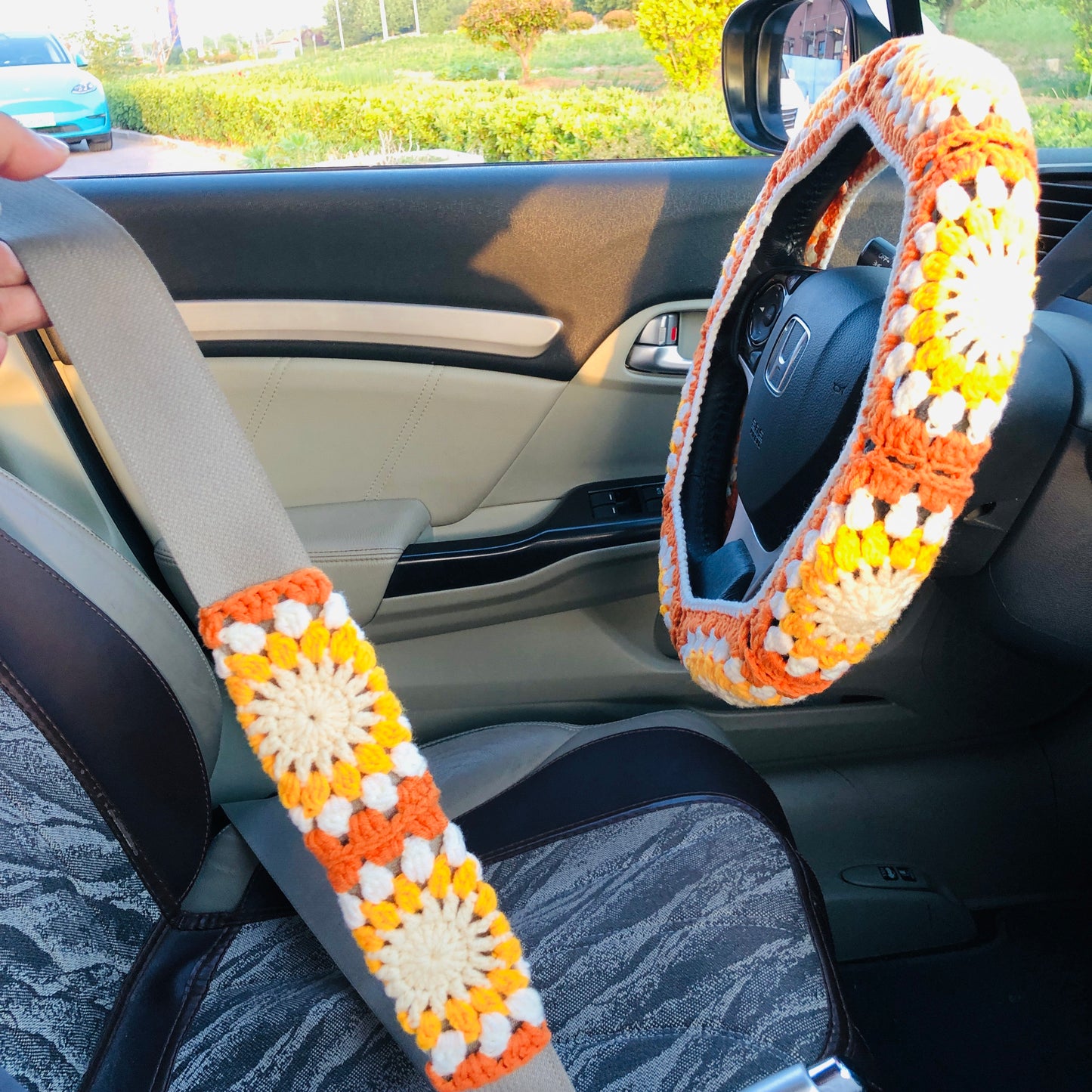 Steering Wheel Cover for women, Crochet cute orange flower seat belt Cover, Car Accessories decorations