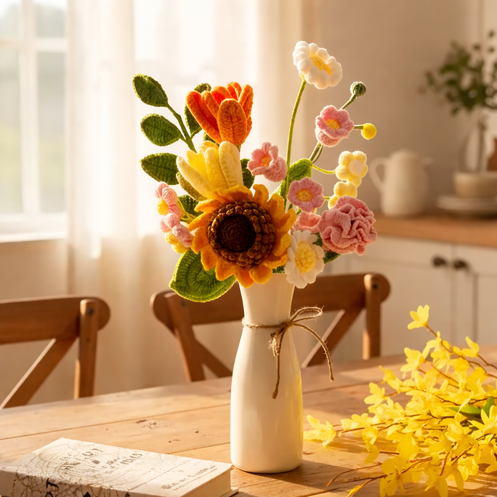 Crochet Flower Bouquet Vase, Handmade Knitted Flowers, Forever Floral Decor