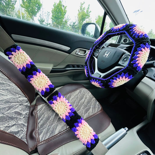 Steering Wheel Cover for women, Crochet Purple flower seat belt Cover, Car Accessories decorations