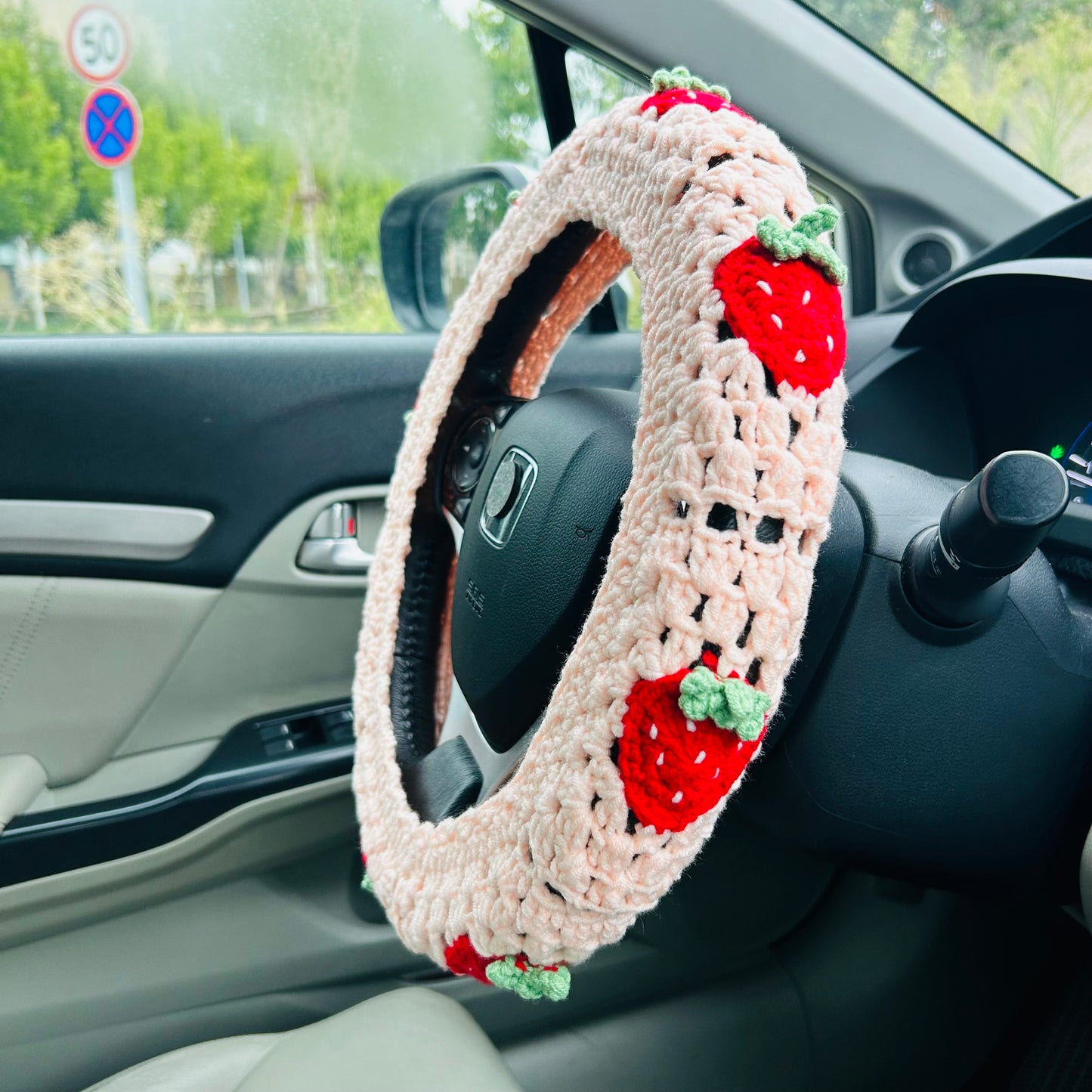 Steering Wheel Cover for women, Crochet cute pink Strawberry flower seat belt Cover, Car Accessories decorations