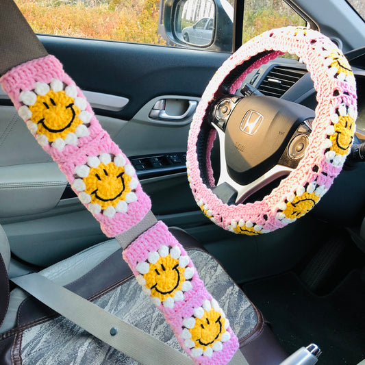 Steering Wheel Cover for women, Crochet cute Smiley face flower seat belt Cover, Car Accessories decorations