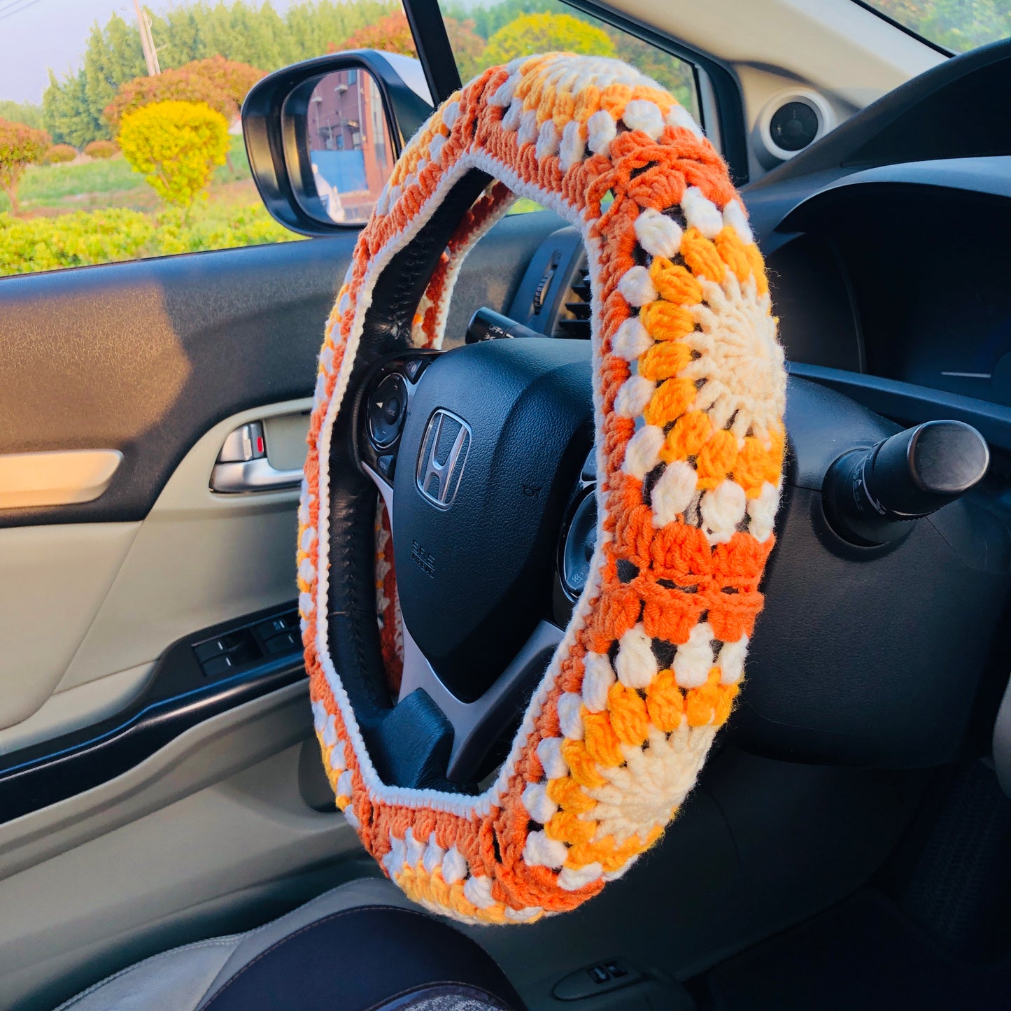 Steering Wheel Cover for women, Crochet cute orange flower seat belt Cover, Car Accessories decorations