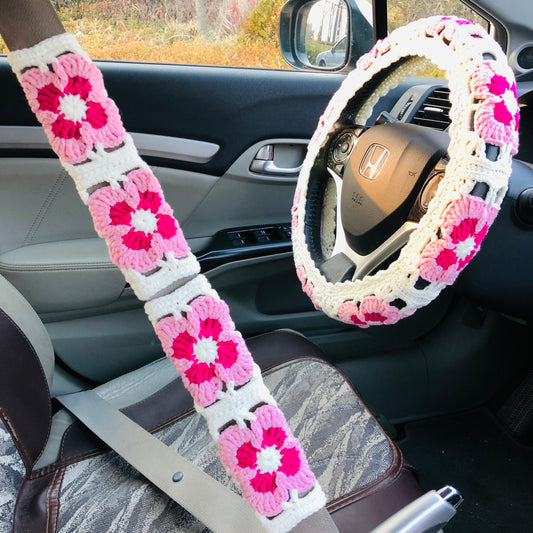 Handmade crochet cute pink white Phalaenopsis Steering Wheel Cover for women,  flower seat belt Cover, Car interior Accessories decorations car gift